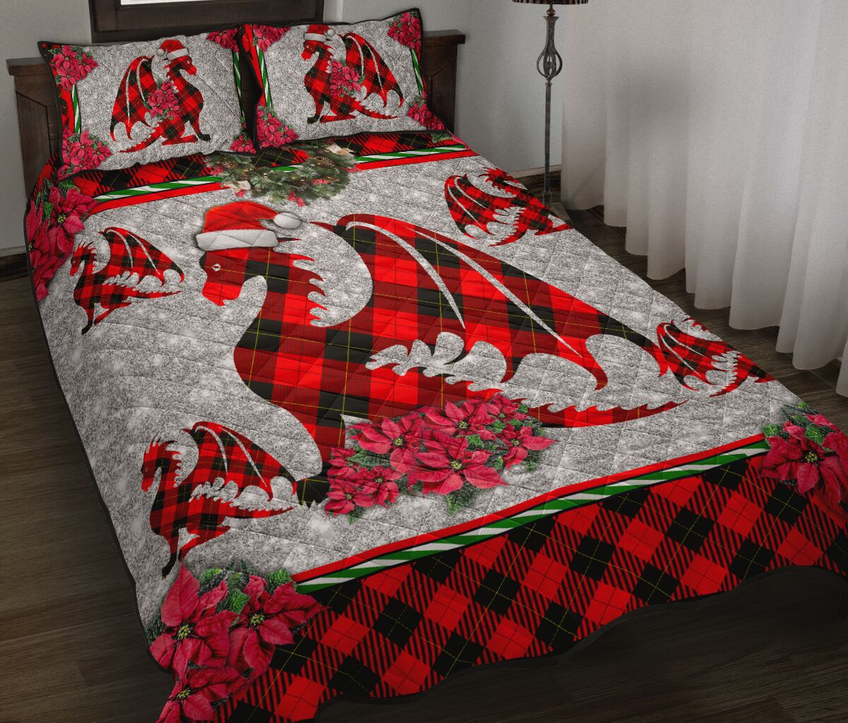 Dragon Christmas Faux Glitter Print Quilt Bed Set - Love Quilt Bedding Set