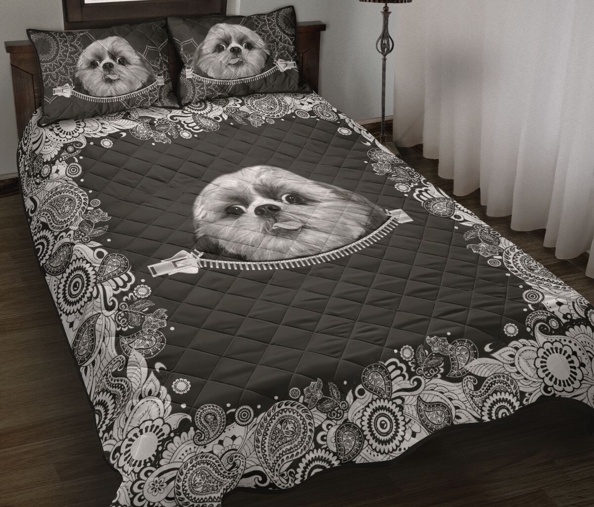 Shih Tzu Zipper Floral - Bed Set - Love Quilt Bedding Set