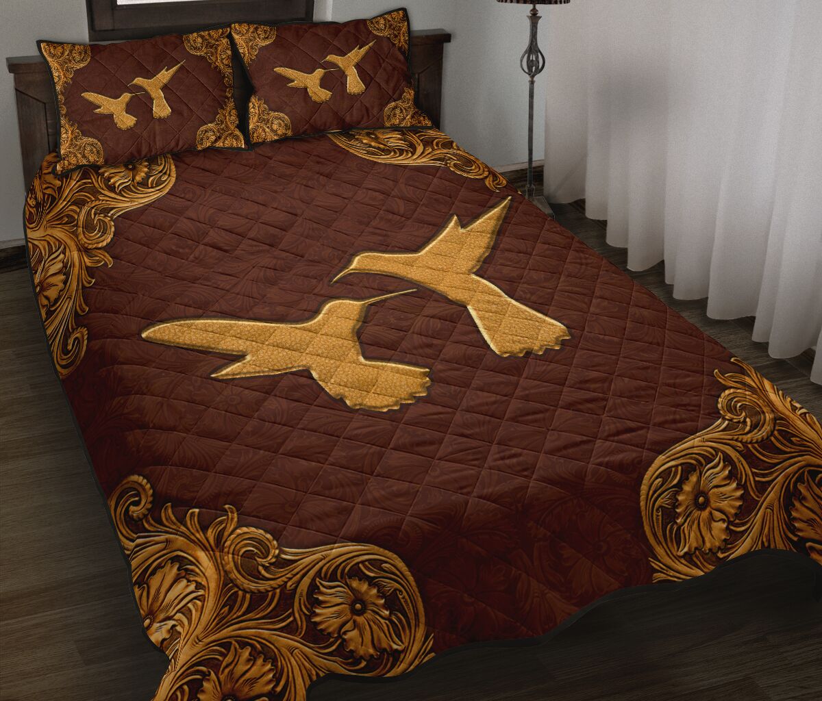 Humingbird Flying Leather Carving Style Quilt Bed Set - Love Quilt Bedding Set