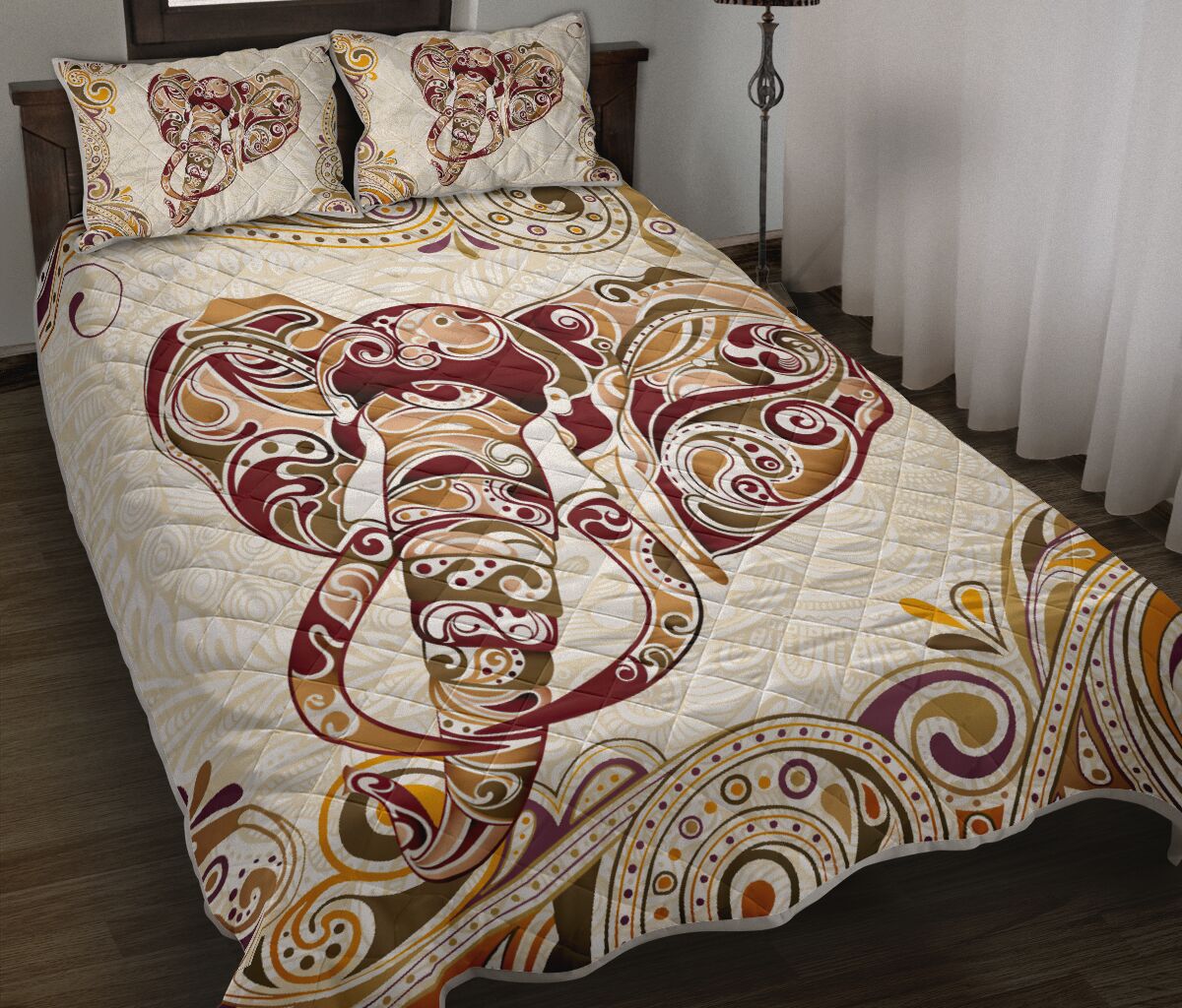 Elephant Asia Floral Background Style Quilt Bed Set - Love Quilt Bedding Set