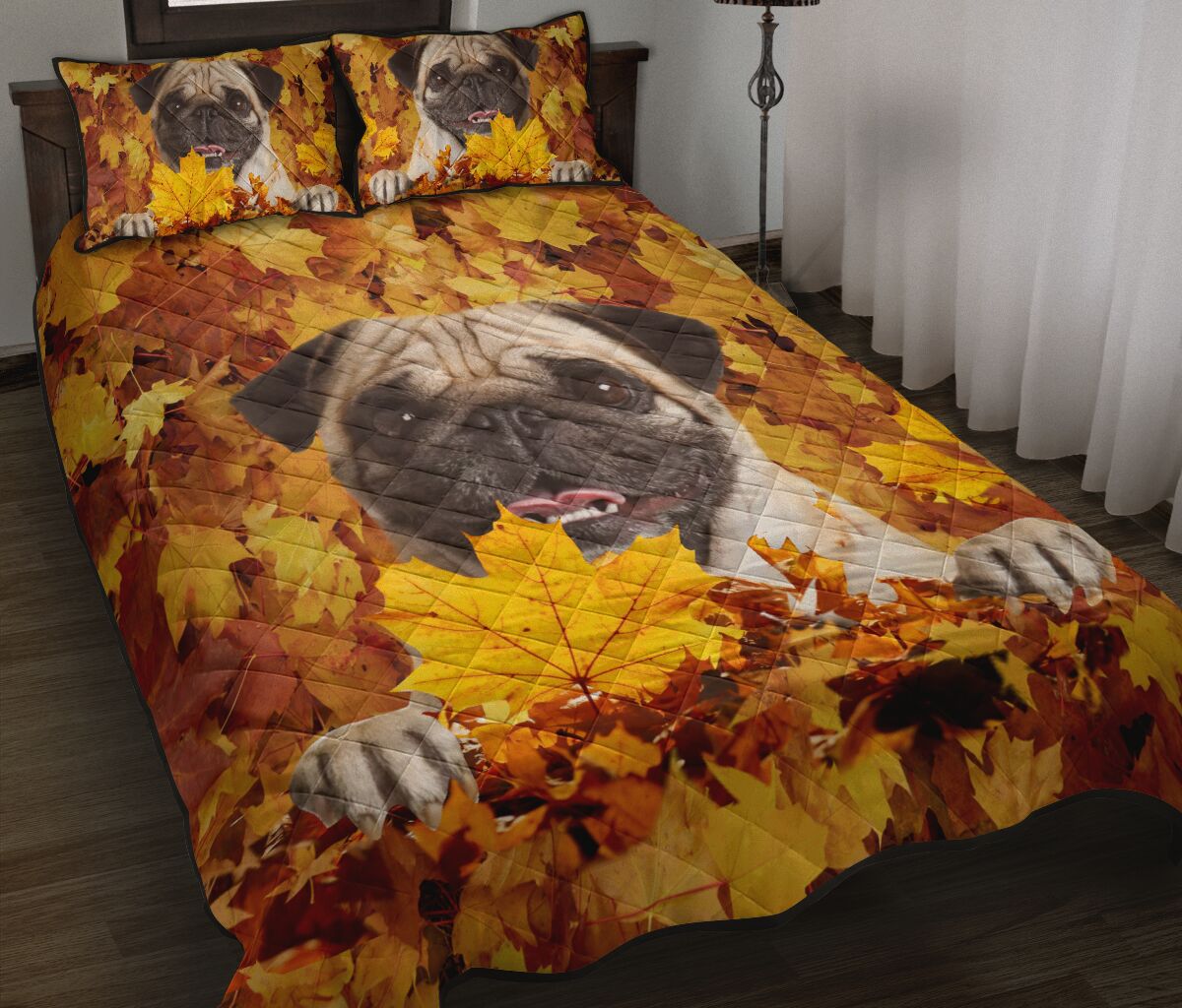 Pug And Leaves - Bed Set - Love Quilt Bedding Set