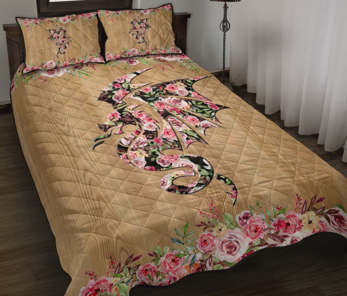 Dragon Flower Wood Style Quilt Bed Set- Love Quilt Bedding Set