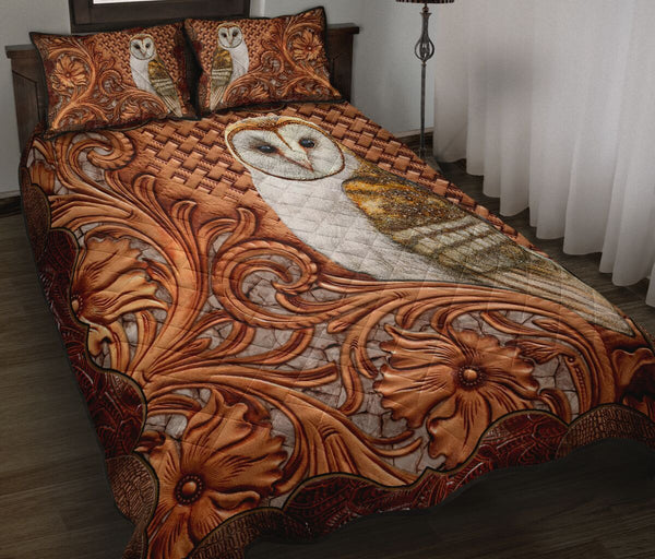 Owl Carving Leather Style Quilt Bed Set - Love Quilt Bedding Set