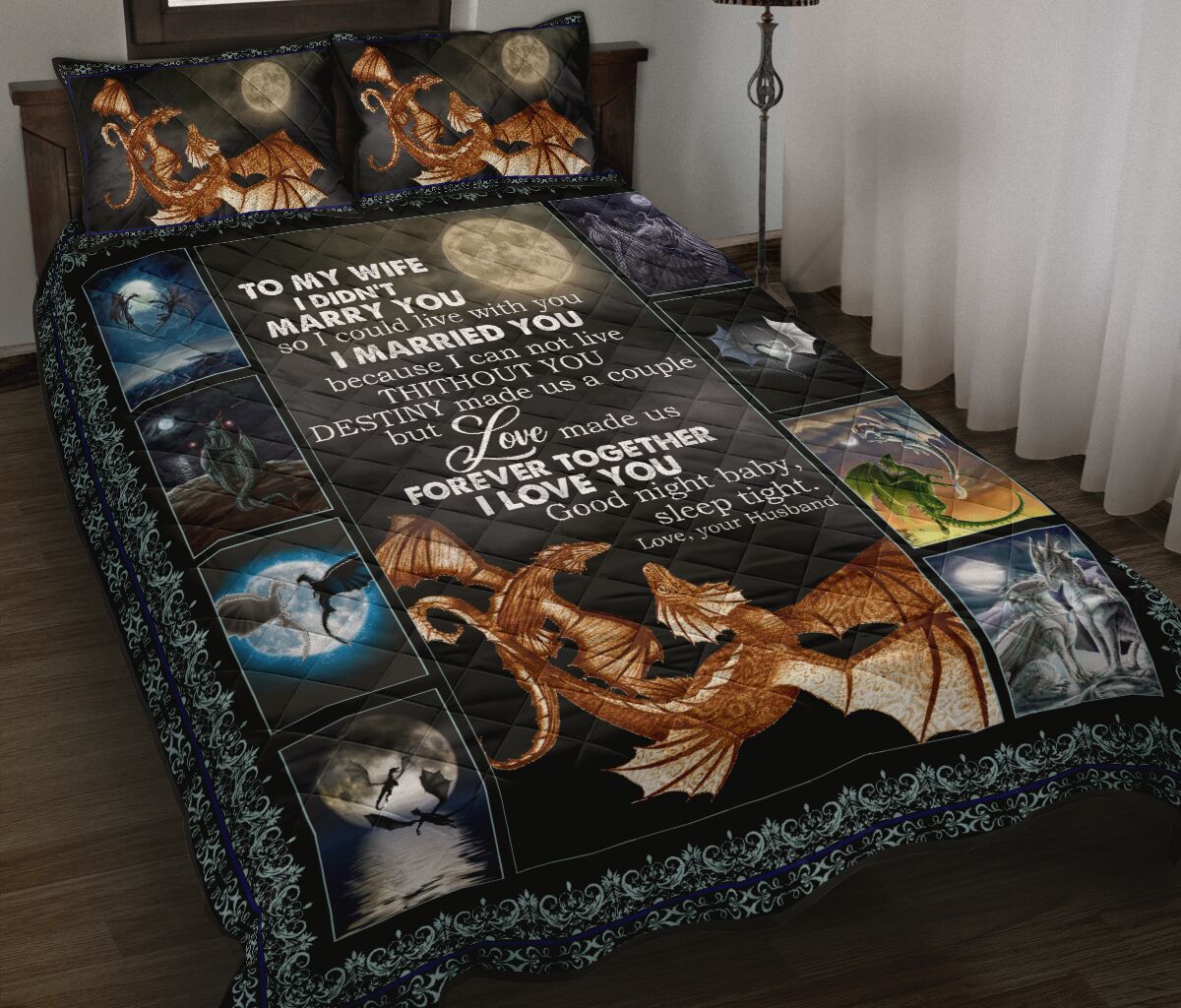 Dragon Love Dark Moon Quilt Bed Set - Love Quilt Bedding Set