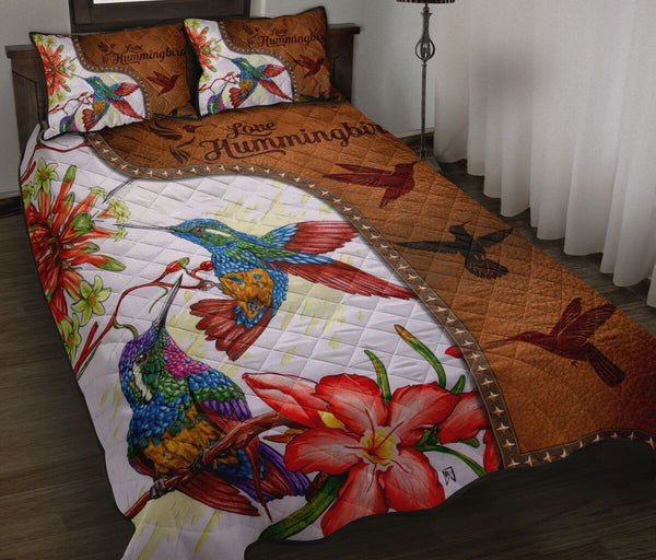 Hummingbird Art Leather Style Quilt Bed Set - Love Quilt Bedding Set