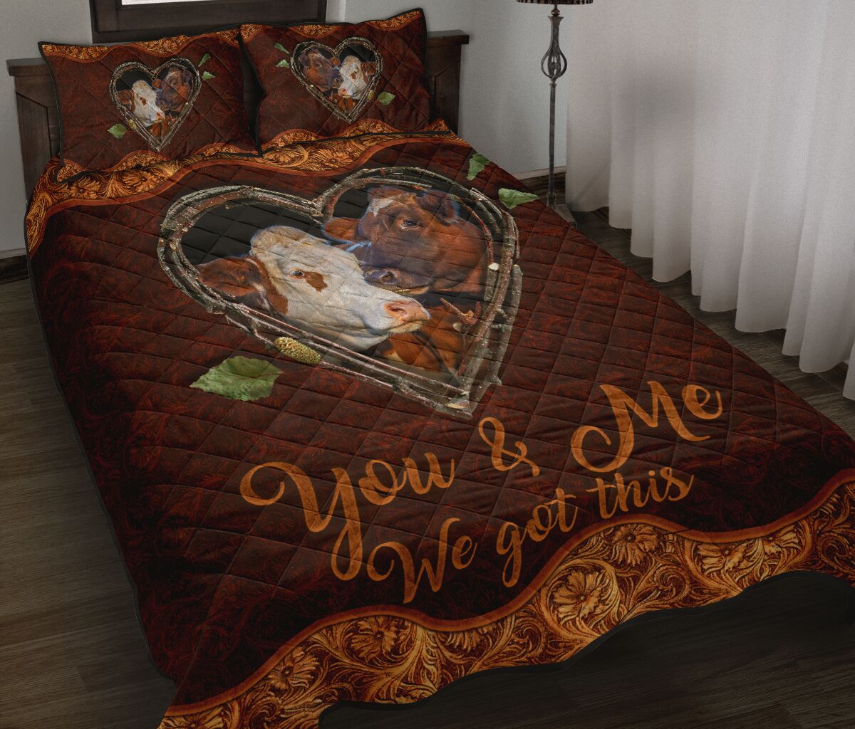 Cow Farm You And Me Leather Style Quilt Bed Set - Love Quilt Bedding Set
