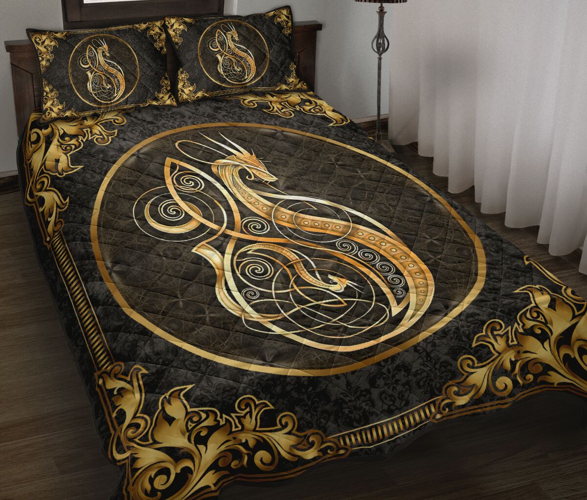 Dragon Celtic Gold Style Quilt Bed Set - Love Quilt Bedding Set