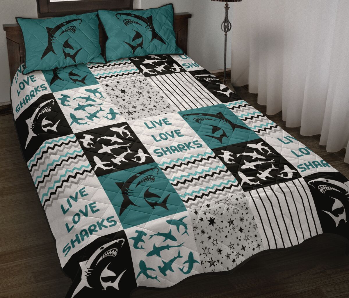 Live Love Sharks Pattern Quilt Bed Set - Love Quilt Bedding Set