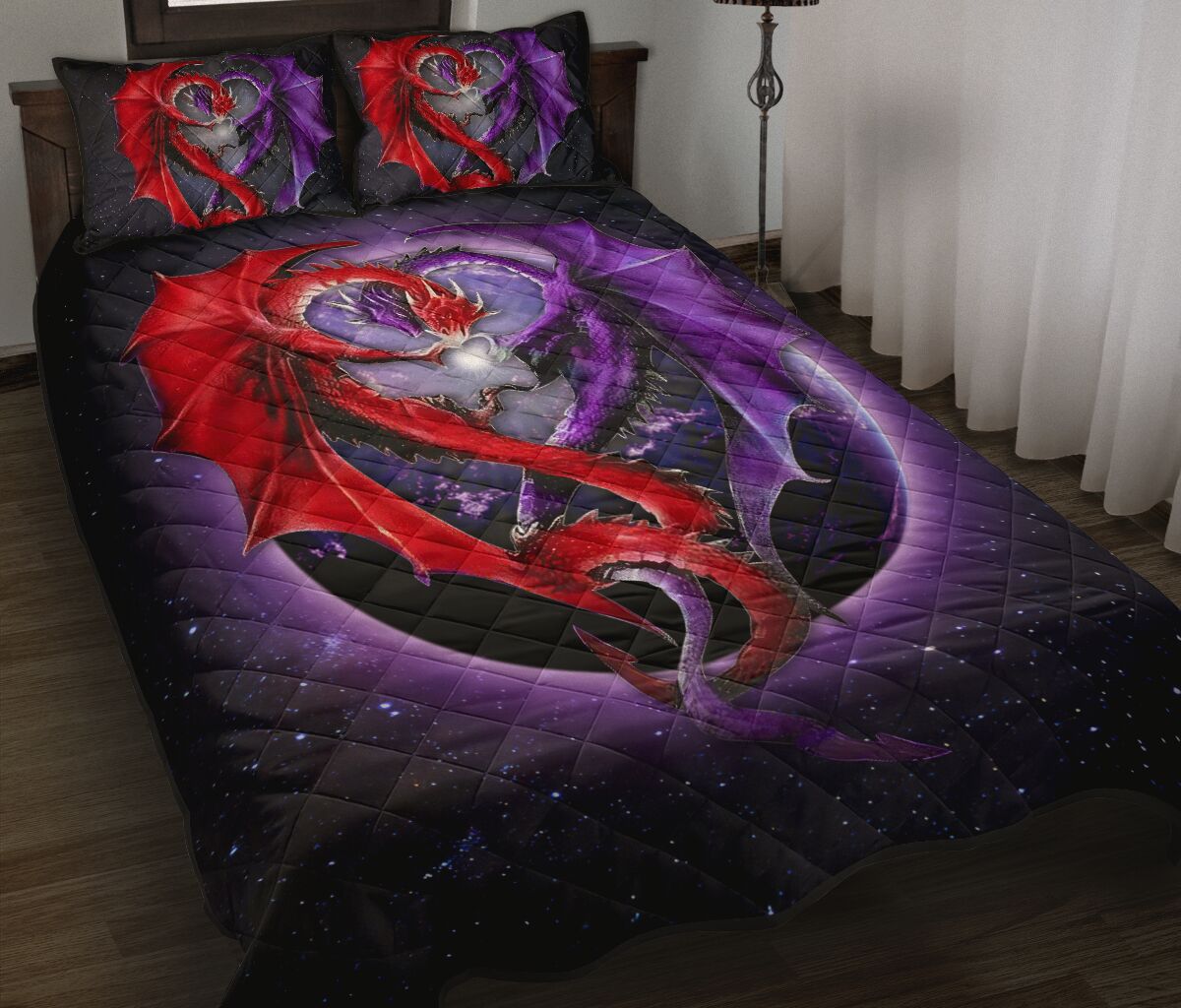 Dragon Red And Purple Light Art Style Quilt Bed Set - Love Quilt Bedding Set