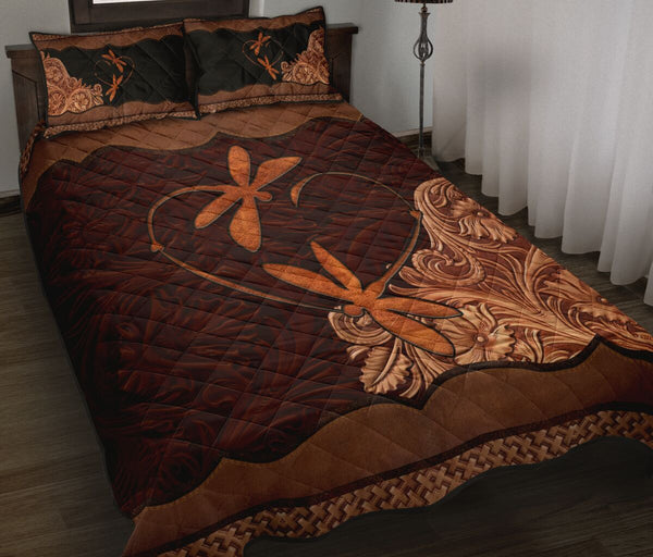 Dragonfly Animal Carving Leather Skin Style Quilt Bed Set - Love Quilt Bedding Set