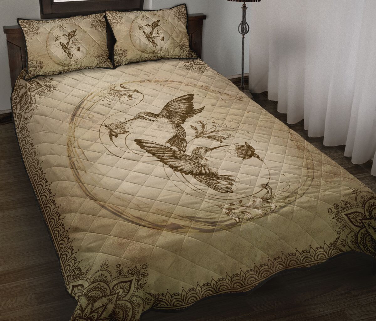 Humming Bird Pencil Drawing Style Quilt Bed Set - Love Quilt Bedding Set