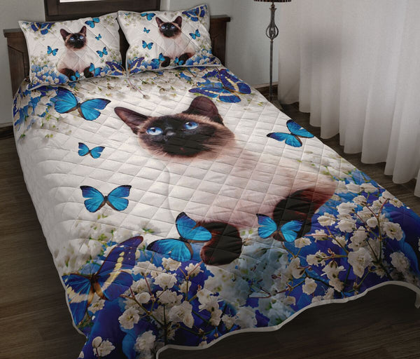 Siamese Cat Blue And White Flowers Vertical - Love Quilt Bedding Set