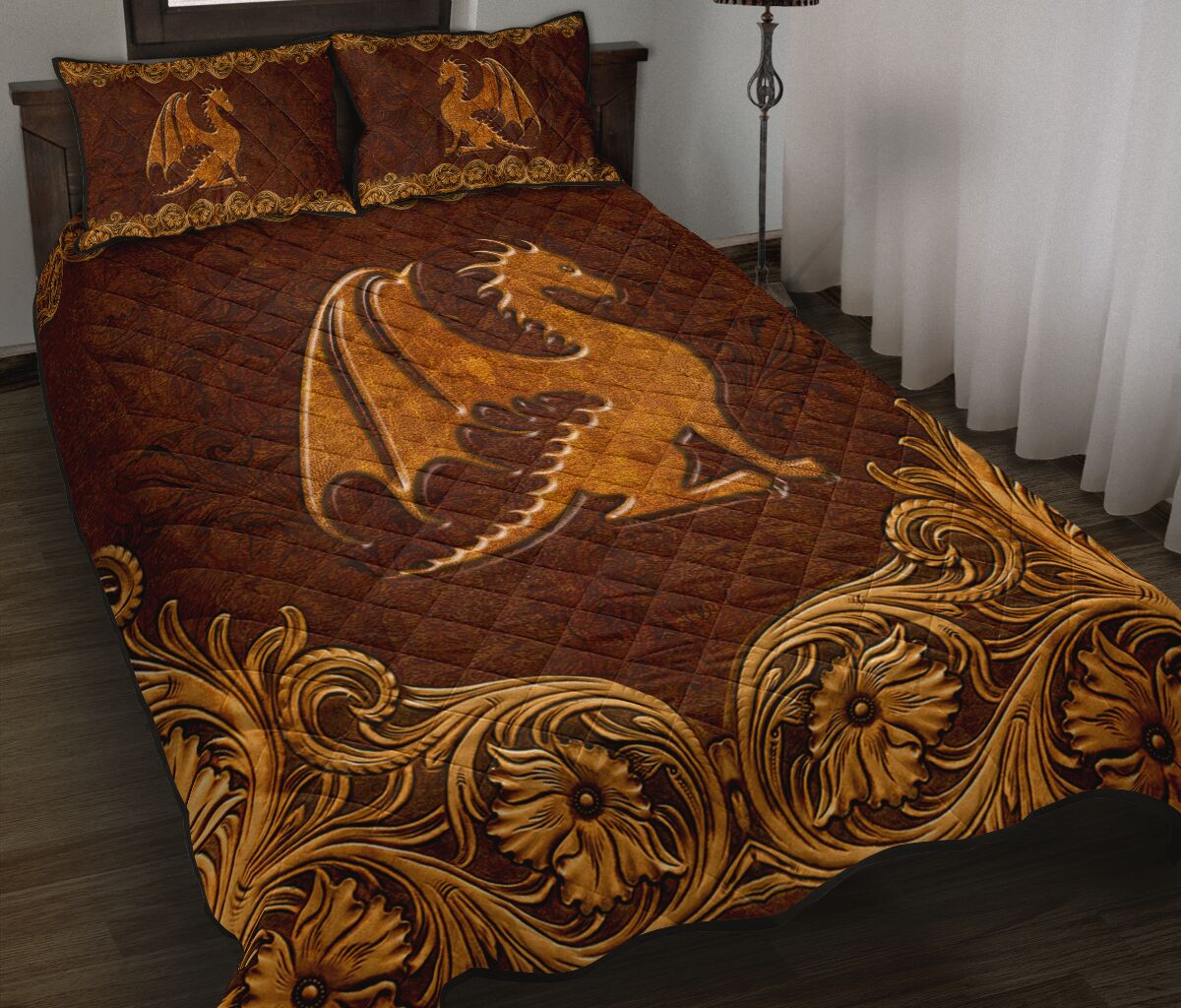 Dragon Leather Carving Style Quilt Bed Set 8- Love Quilt Bedding Set