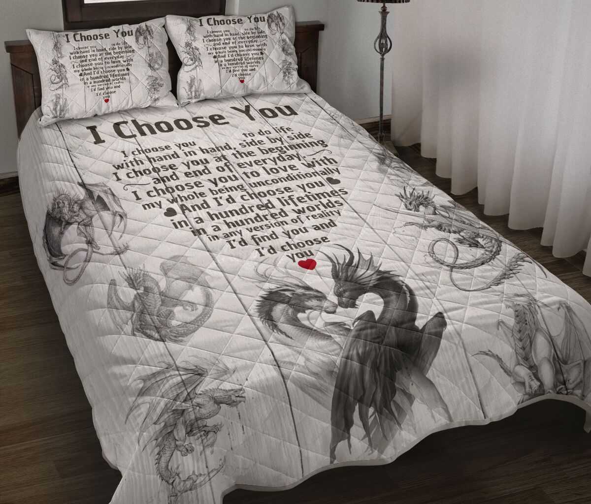 Dragon Heart I Choose You Quotes Drawn Style Quilt Bed Set- Love Quilt Bedding Set