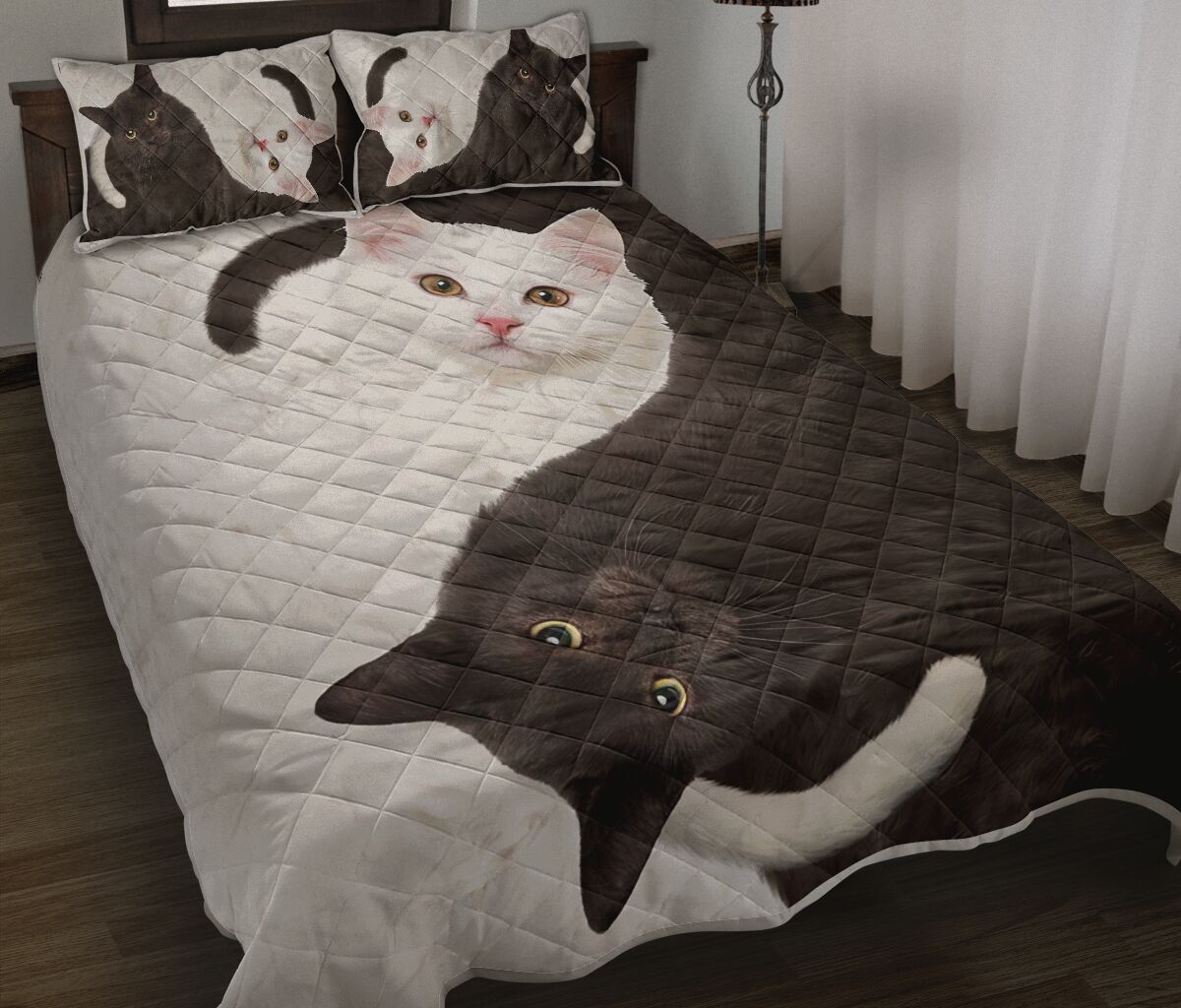 Cat Ying Yang White And Black Feather Style Quilt Bed Set- Love Quilt Bedding Set