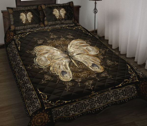 Butterfly Motif Gold Quilt Bed Set - Love Quilt Bedding Set