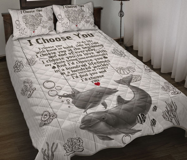 Dolphin Heart I Choose You Quotes Drawn Style Quilt Bed Set- Love Quilt Bedding Set