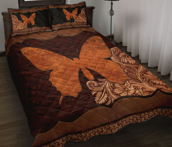 Butterfly Carving Leather Skin Style Quilt Bed Set - Love Quilt Bedding Set