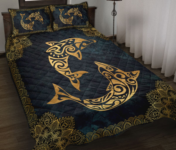 Dolphin Mandala Gold Art Style Quilt Bed Set - Love Quilt Bedding Set