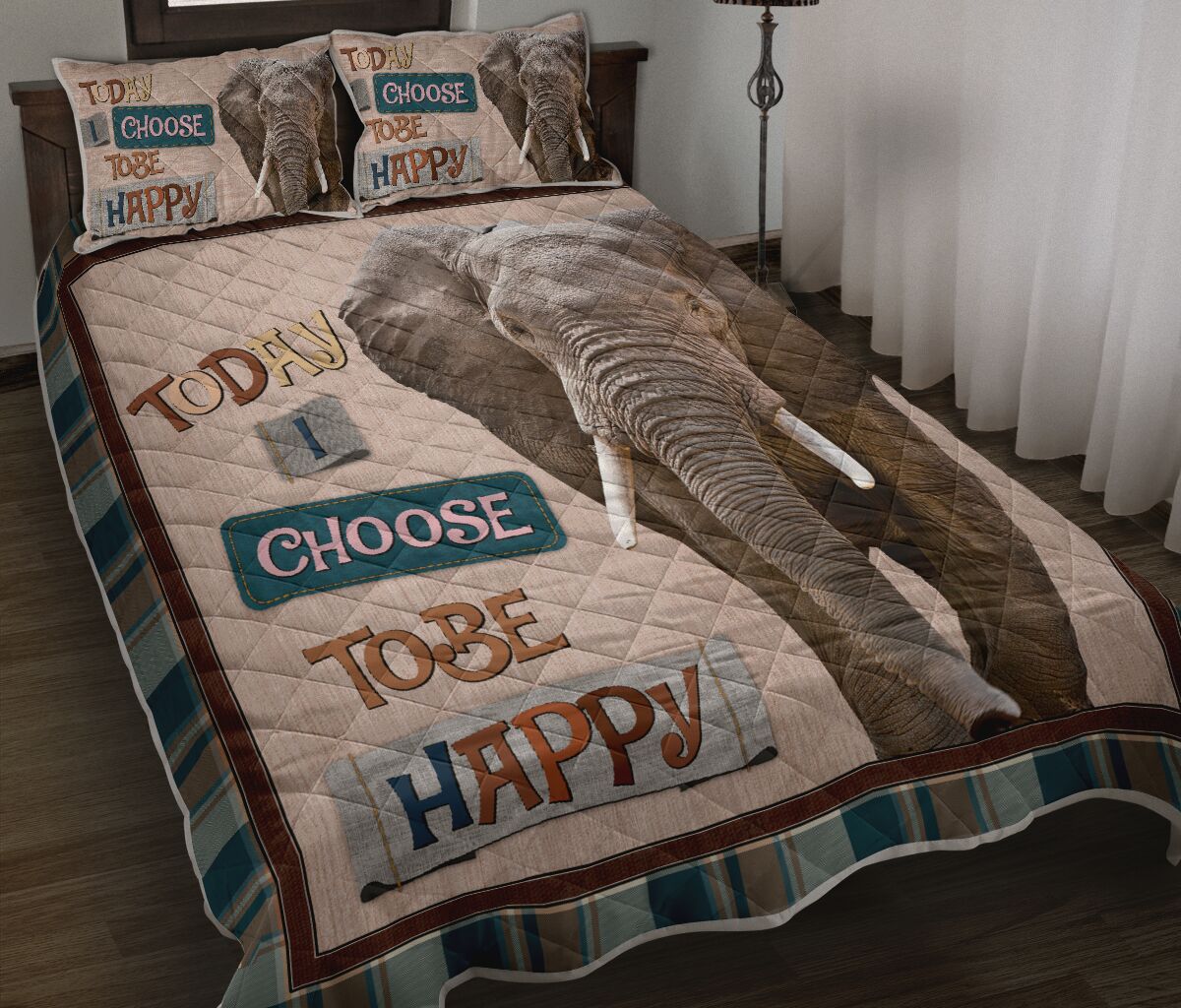 Elephant Today I Choose Tobe Happy Quilt Bed Set - Love Quilt Bedding Set