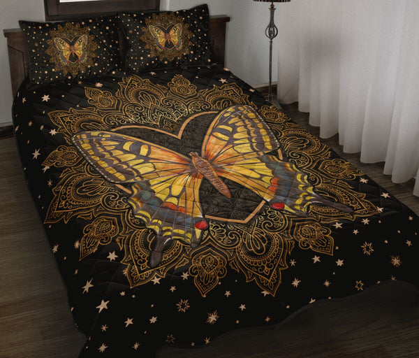 Butterfly Mandala Gold Art Style Quilt Bed Set - Love Quilt Bedding Set