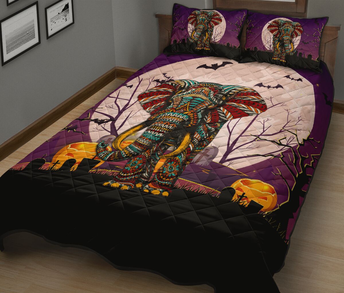 Elephant Halloween Art Style Quilt Bed Set - Love Quilt Bedding Set