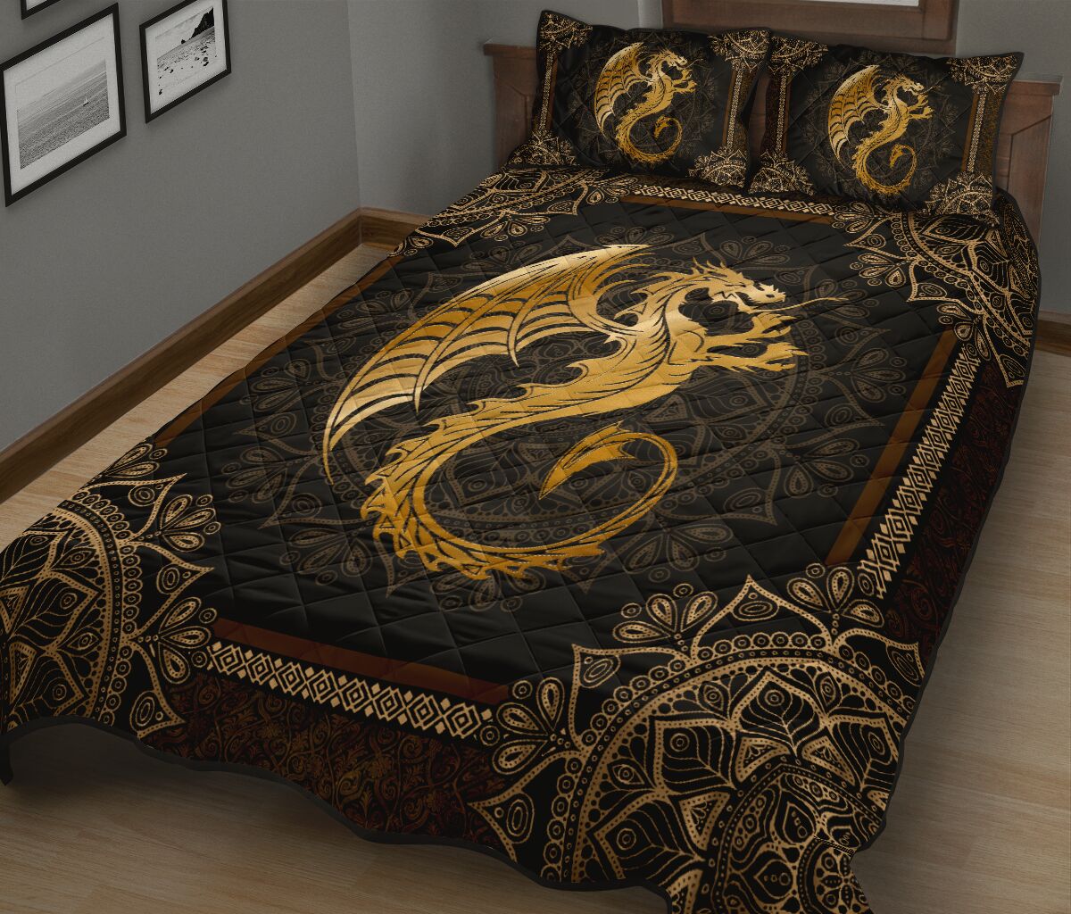Dragon Mandala Gold Style Quilt Bed Set - Love Quilt Bedding Set