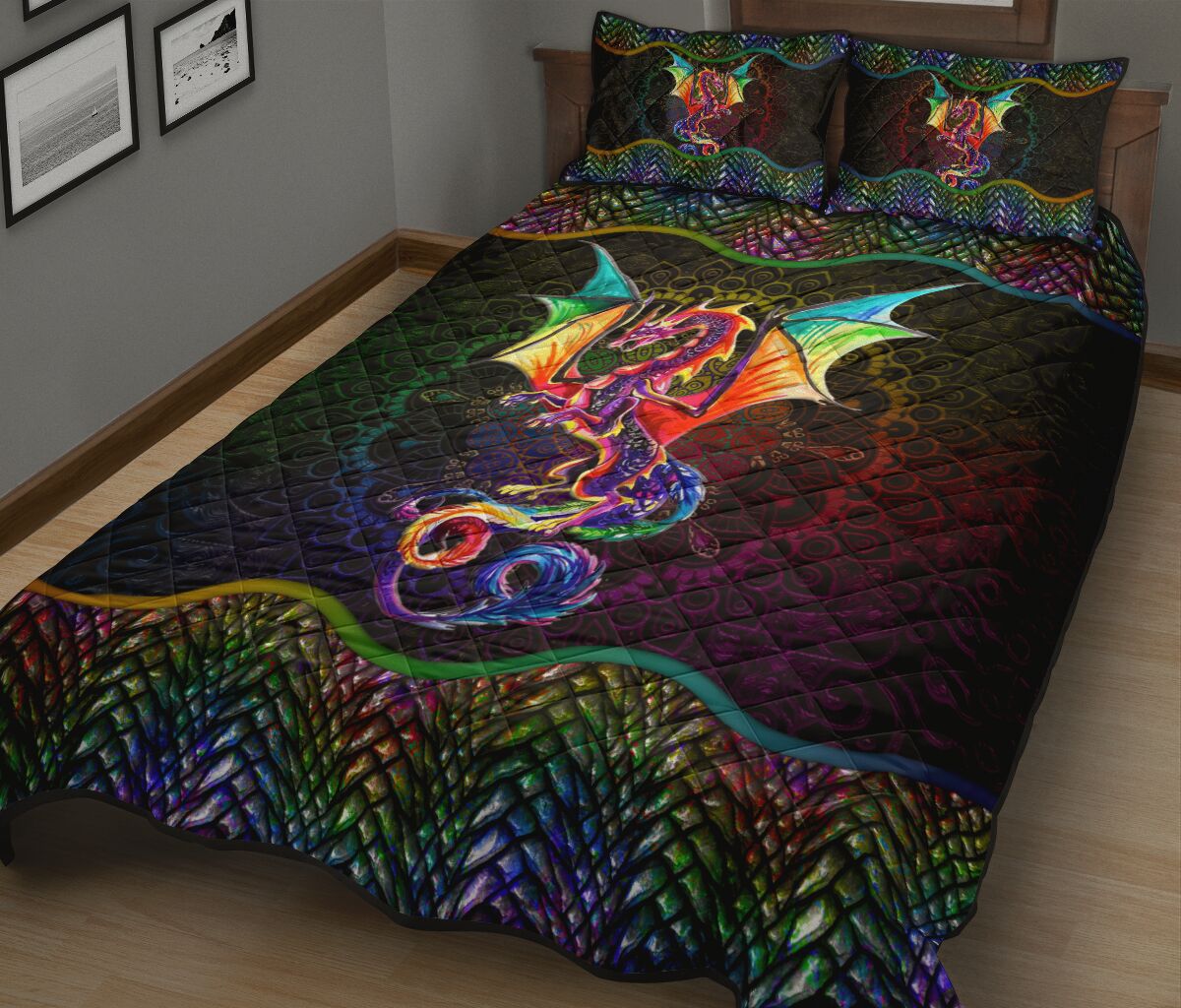 Dragon Mandala Skin Rainbow Color Style Quilt Bed Set - Love Quilt Bedding Set