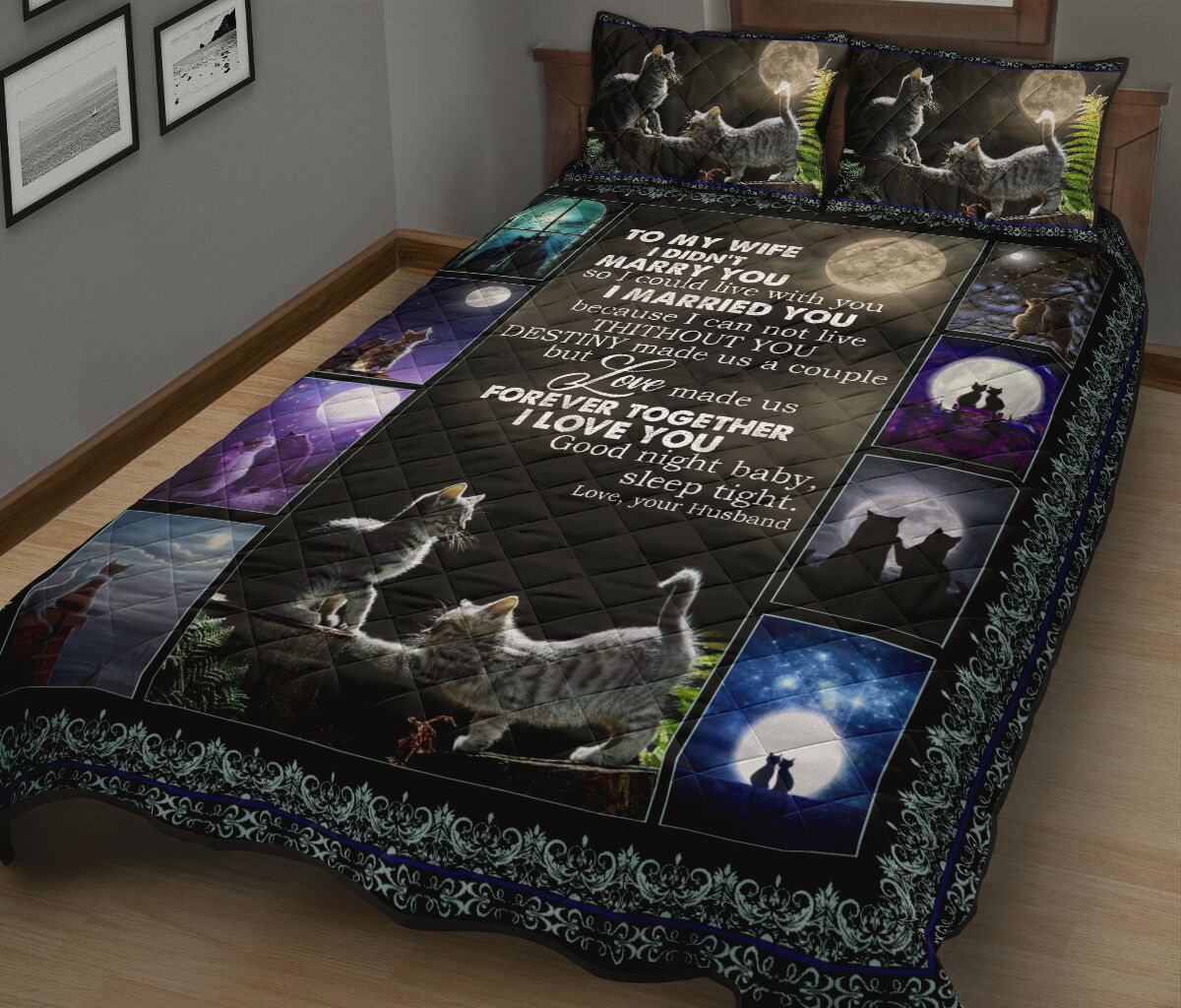 Cat Love Dark Moon Quilt Bed Set - Love Quilt Bedding Set