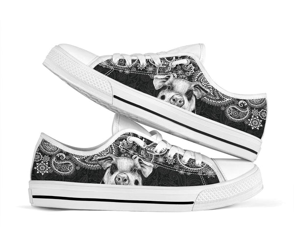 Pig Paisley Black White Low Top  Shoes