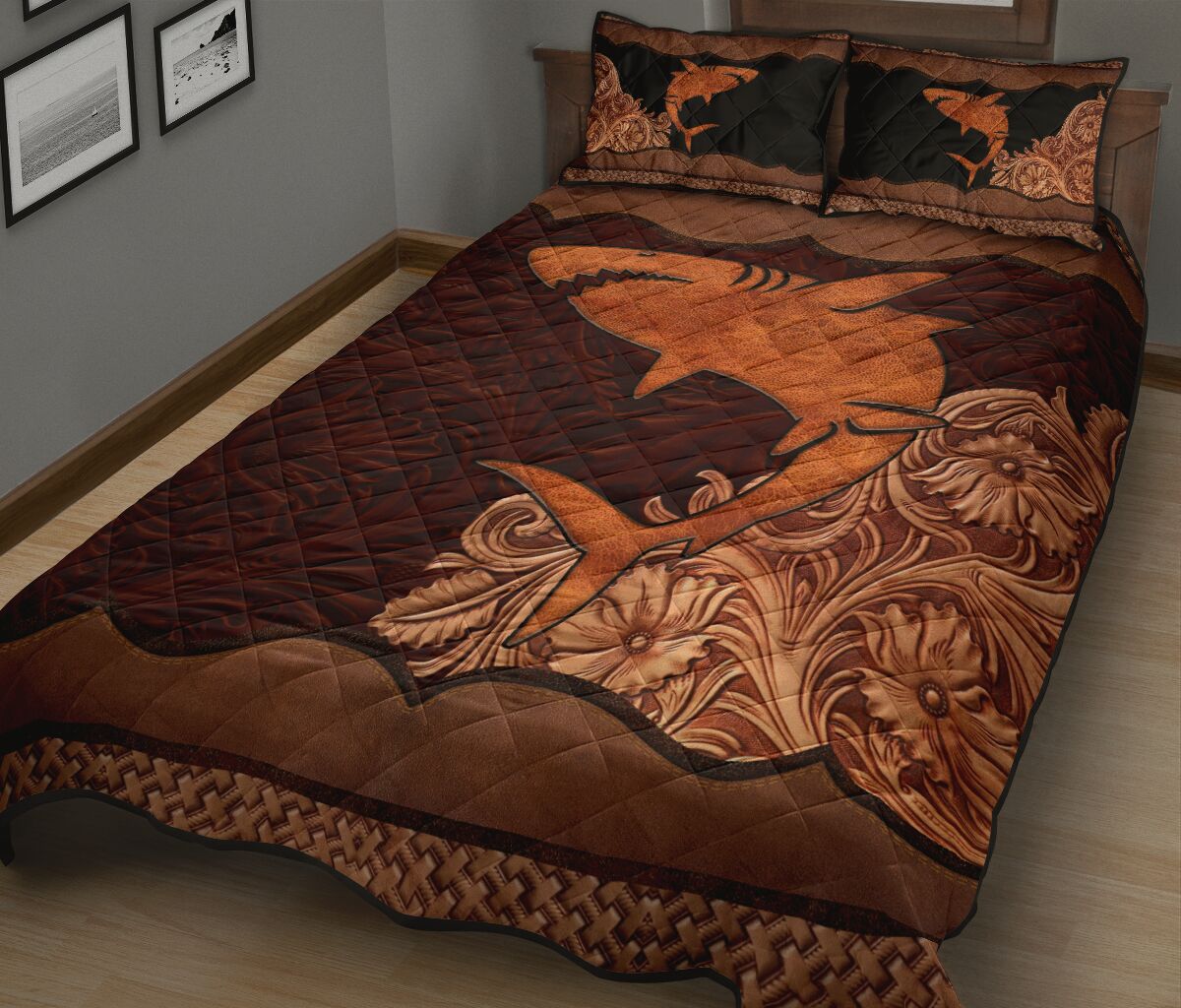 Shark Carving Leather Skin Style Quilt Bed Set - Love Quilt Bedding Set