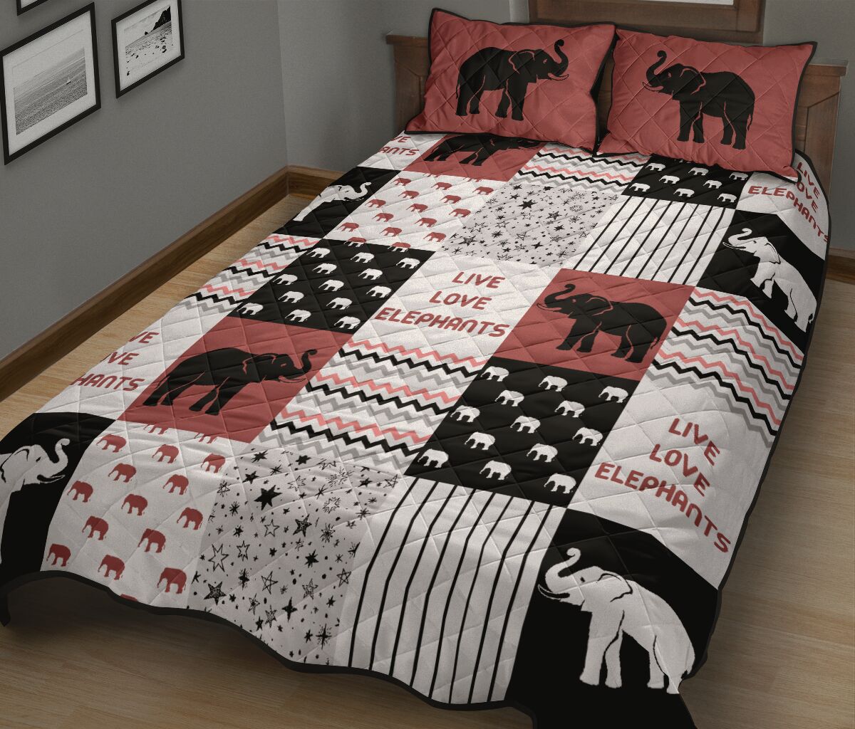 Live Love Elephants Pattern Quilt Bed Set - Love Quilt Bedding Set