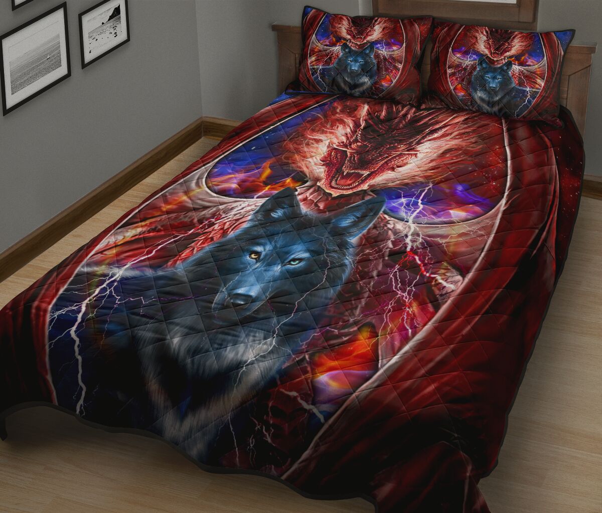 Dragon Fire And Wolf Galaxy Light Style Quilt Bed Set - Love Quilt Bedding Set