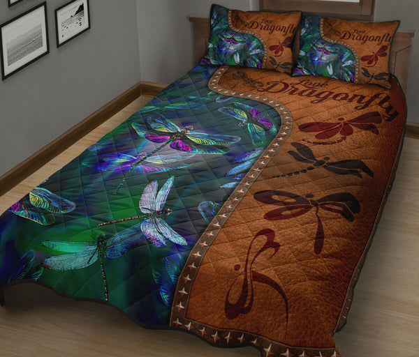 Dragonfly Art Leather Style Quilt Bed Set - Love Quilt Bedding Set