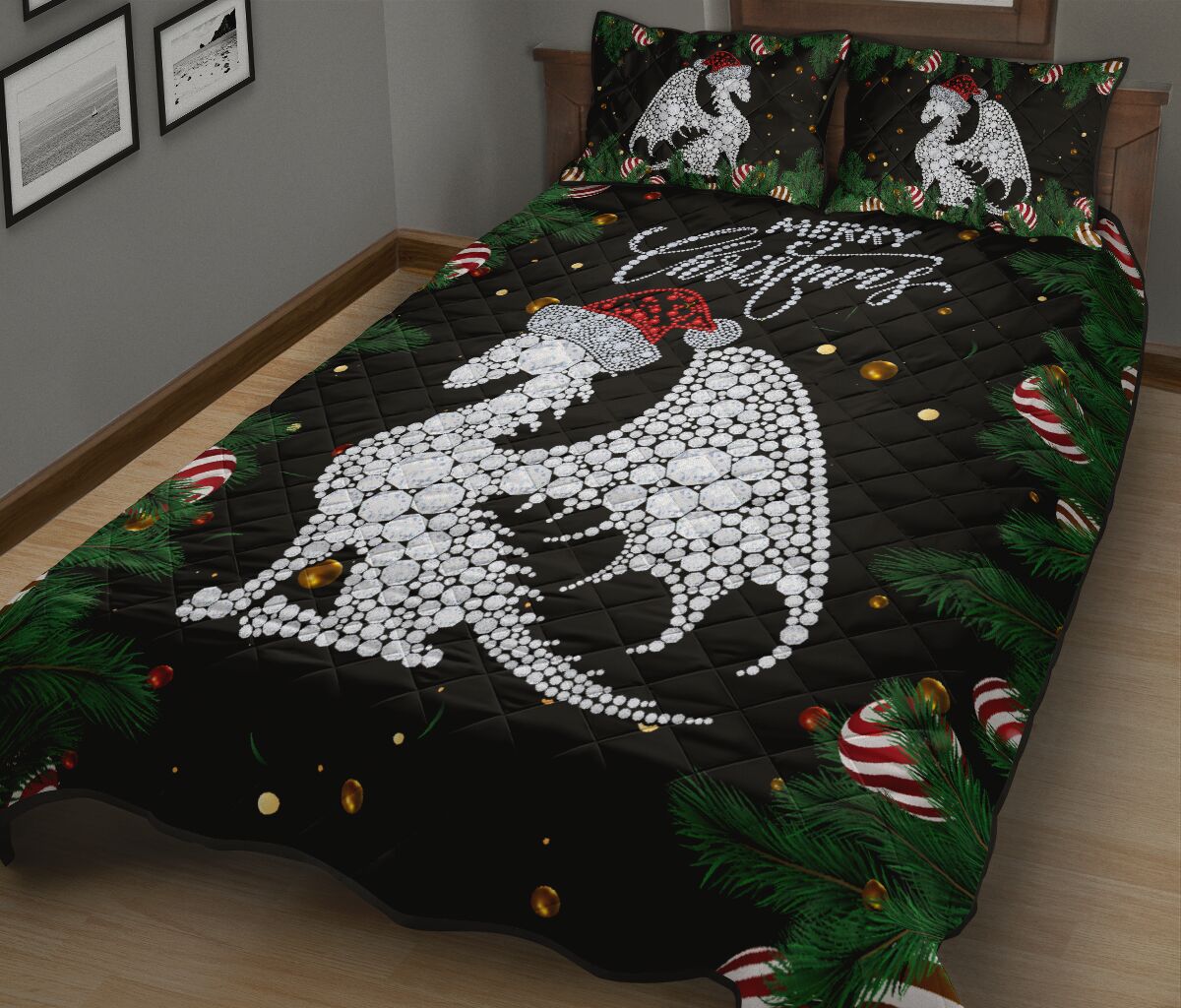 Dragon Diamond Hat Santa Backgroud Christmas Quilt Bed Set- Love Quilt Bedding Set