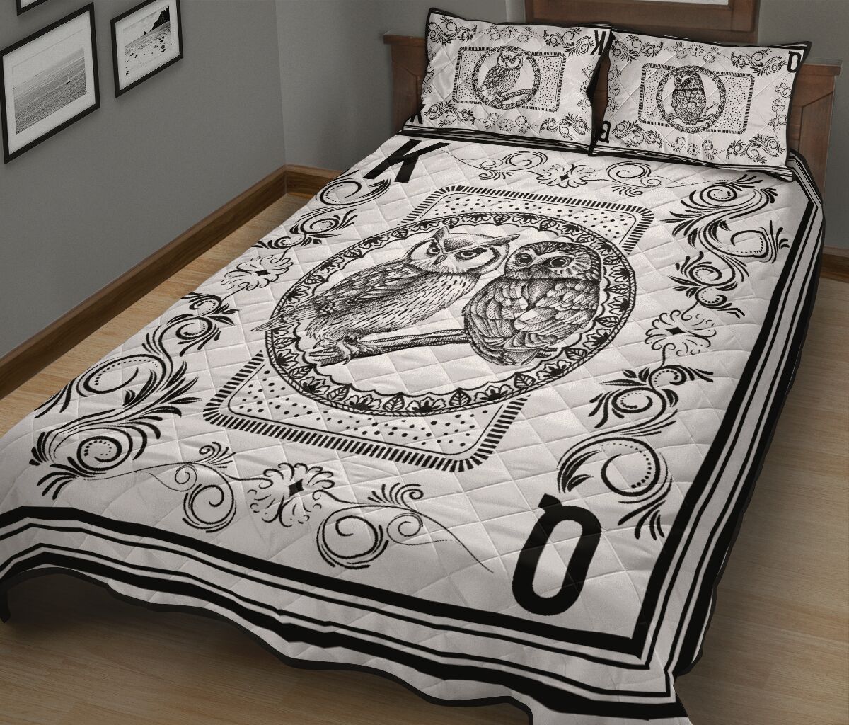 Owl King Queen Pen Art Poker Quilt Bed Set - Love Quilt Bedding Set