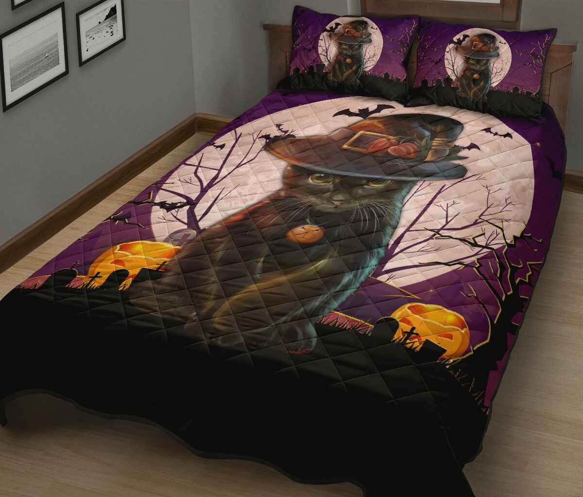 Cat Halloween Art Style Quilt Bed Set - Love Quilt Bedding Set