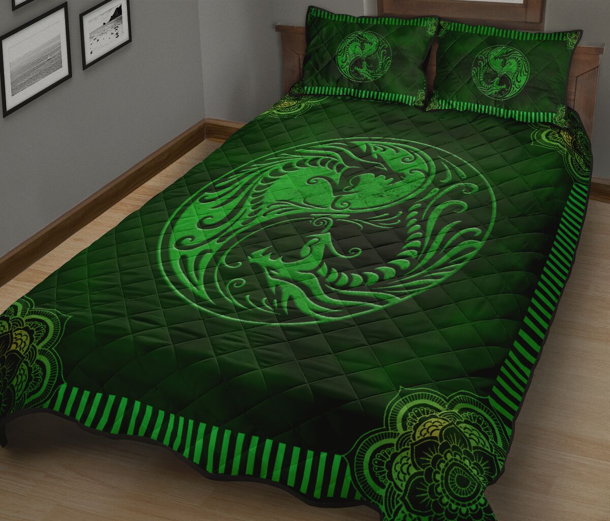 Dragon Tattoo Green Smoke Style Quilt Bed Set - Love Quilt Bedding Set