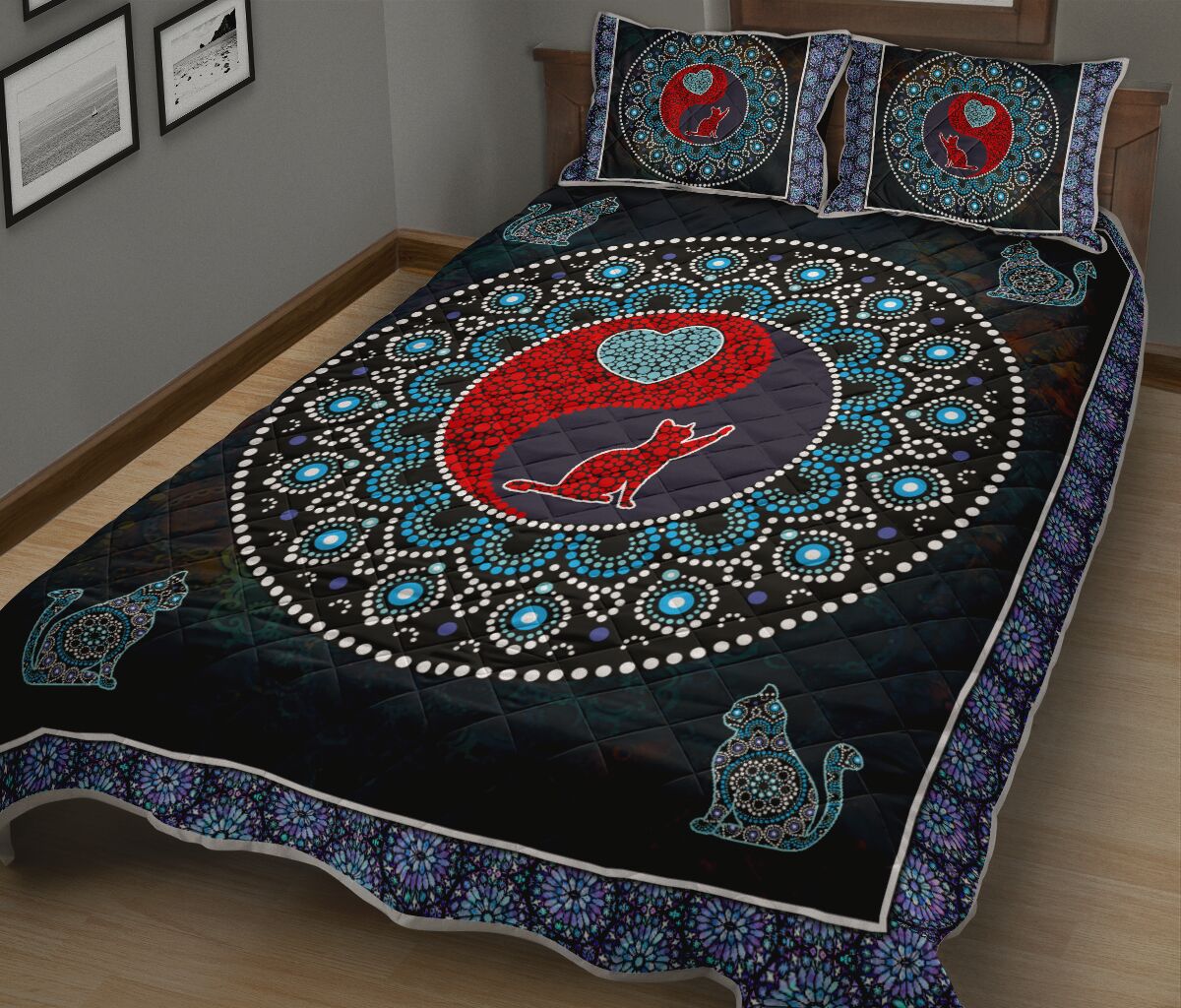 Cat Mandala Ying And Yang Style Quilt Bed Set - Love Quilt Bedding Set