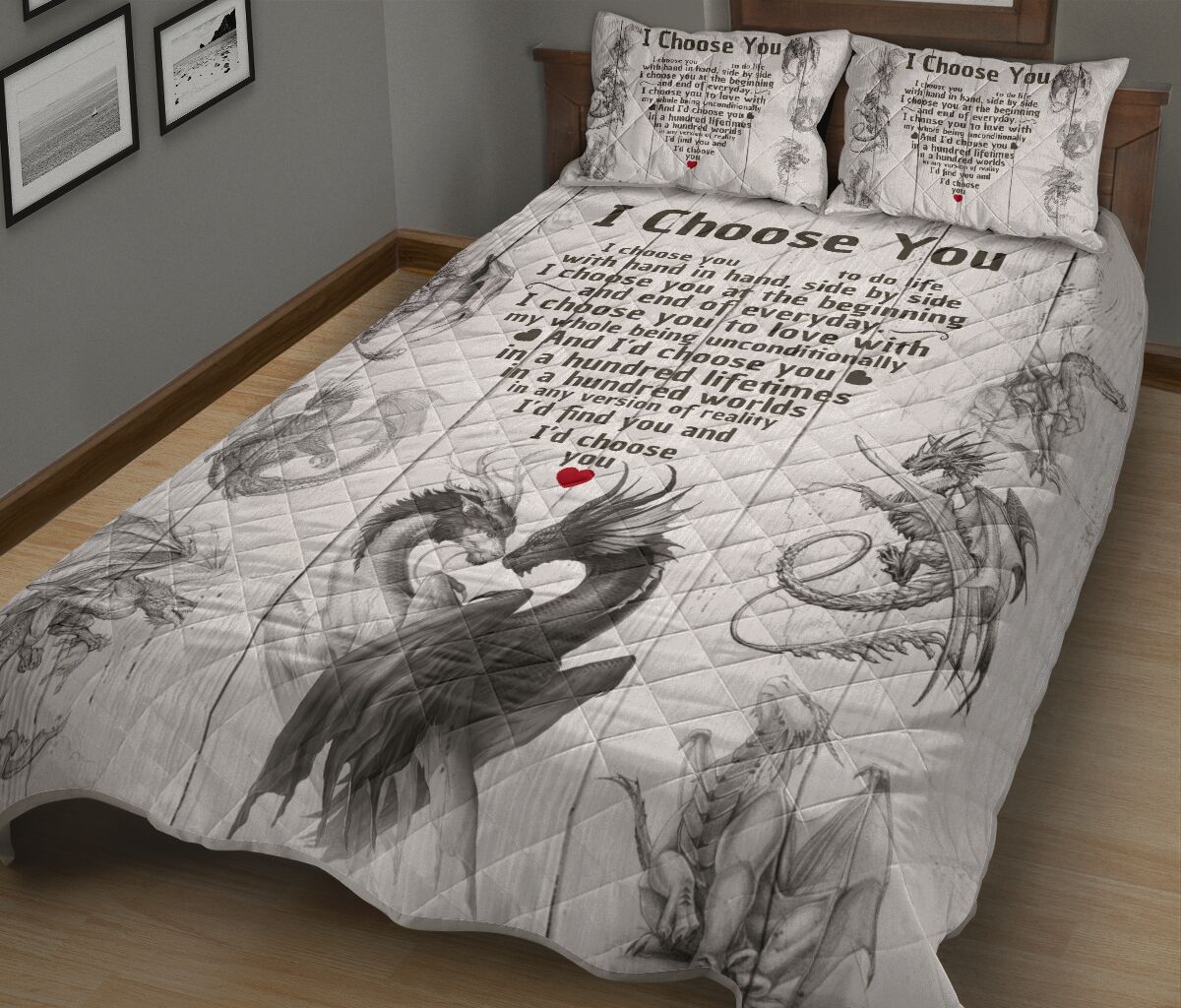 Dragon Heart I Choose You Quotes Drawn Style Quilt Bed Set- Love Quilt Bedding Set