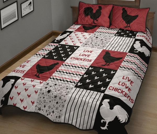 Live Love Chickens Pattern Quilt Bed Set - Love Quilt Bedding Set