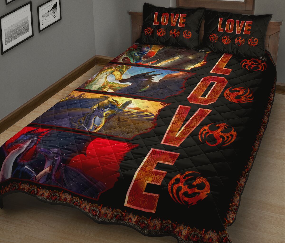 Dragon Fire Art Style Quilt Bed Set - Love Quilt Bedding Set