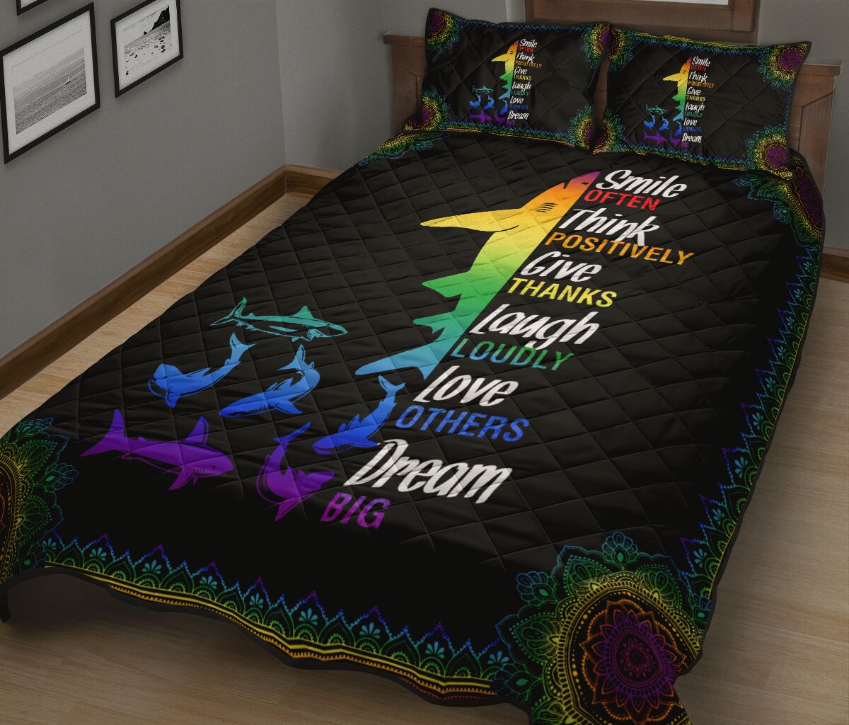 Shark Rainbow Color Smile Often Think Quilt Bed Set 2- Love Quilt Bedding Set