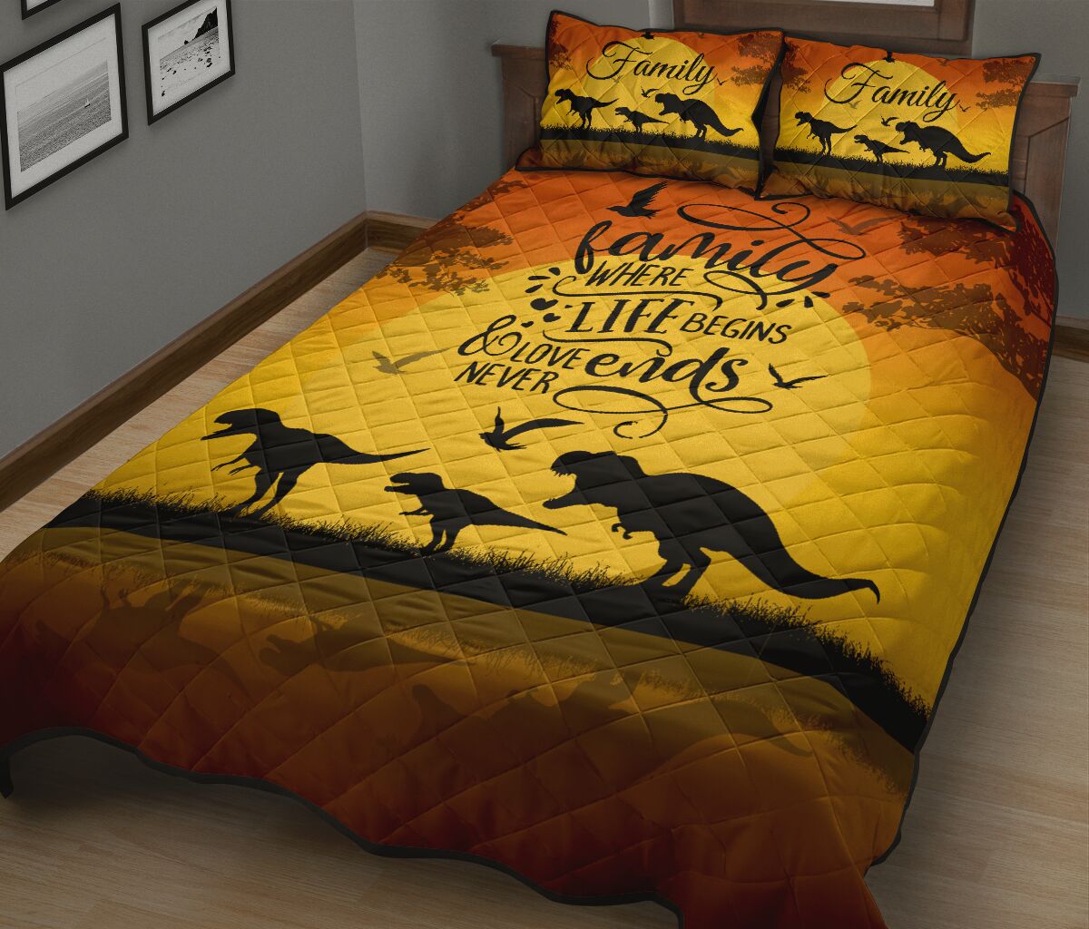 Dinosuar Family Where Life Begins Quilt Bed Set - Love Quilt Bedding Set