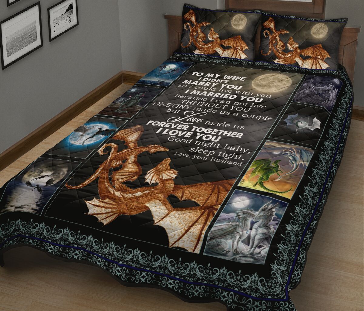 Dragon Love Dark Moon Quilt Bed Set - Love Quilt Bedding Set
