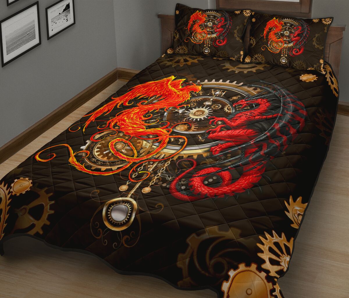 Dragon Couple Steampunk Quilt Bed Set - Love Quilt Bedding Set