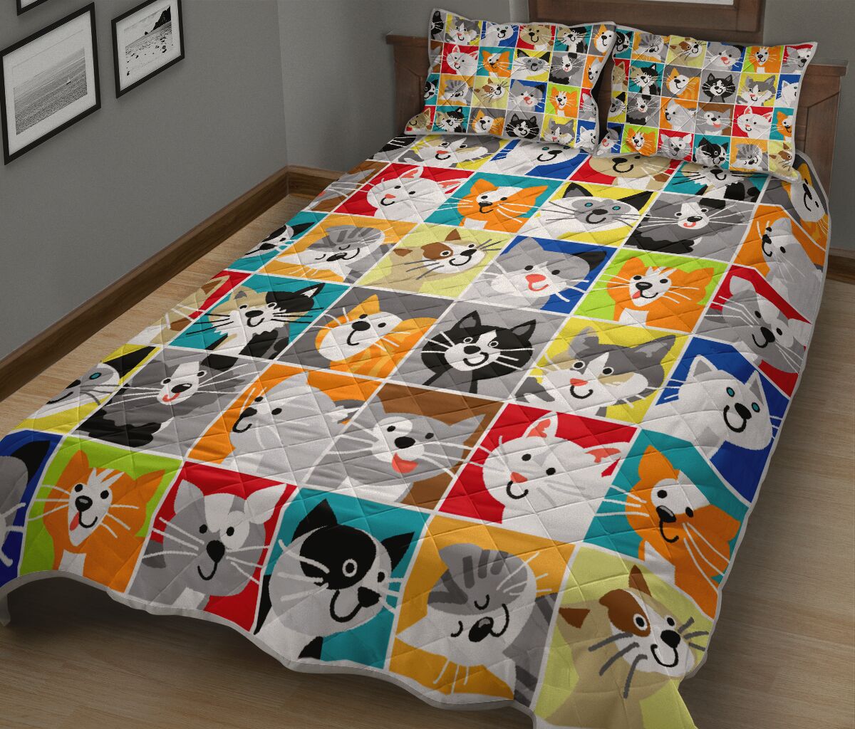 Cats Pattern Style Quilt Bed Set - Love Quilt Bedding Set