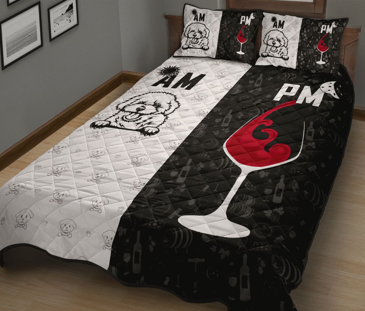 Bichon Frise Dog Black And White Style Quilt Bed Set - Love Quilt Bedding Set