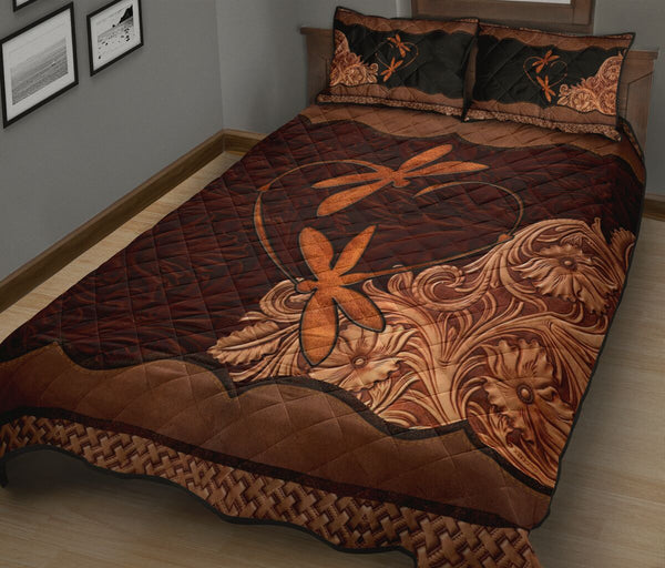 Dragonfly Animal Carving Leather Skin Style Quilt Bed Set - Love Quilt Bedding Set