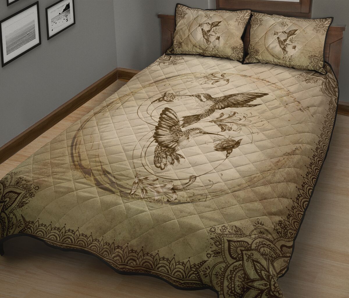 Humming Bird Pencil Drawing Style Quilt Bed Set - Love Quilt Bedding Set